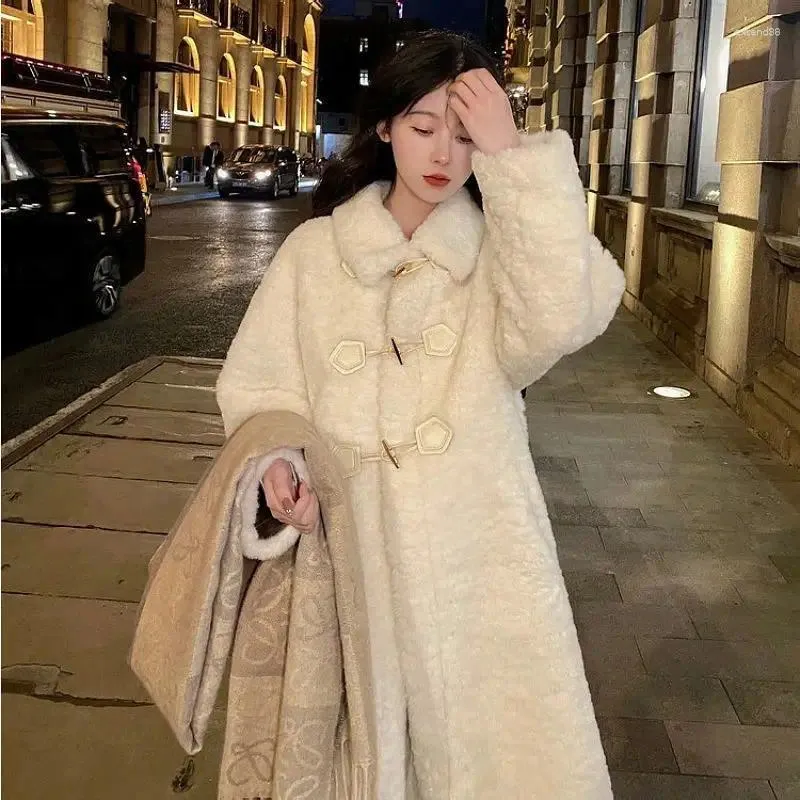 Women's Fur Winter Lamb Wool Coat For Women Imitation Plush Long Thickened Vintage Horn Button Autumn Warm Windbreaker