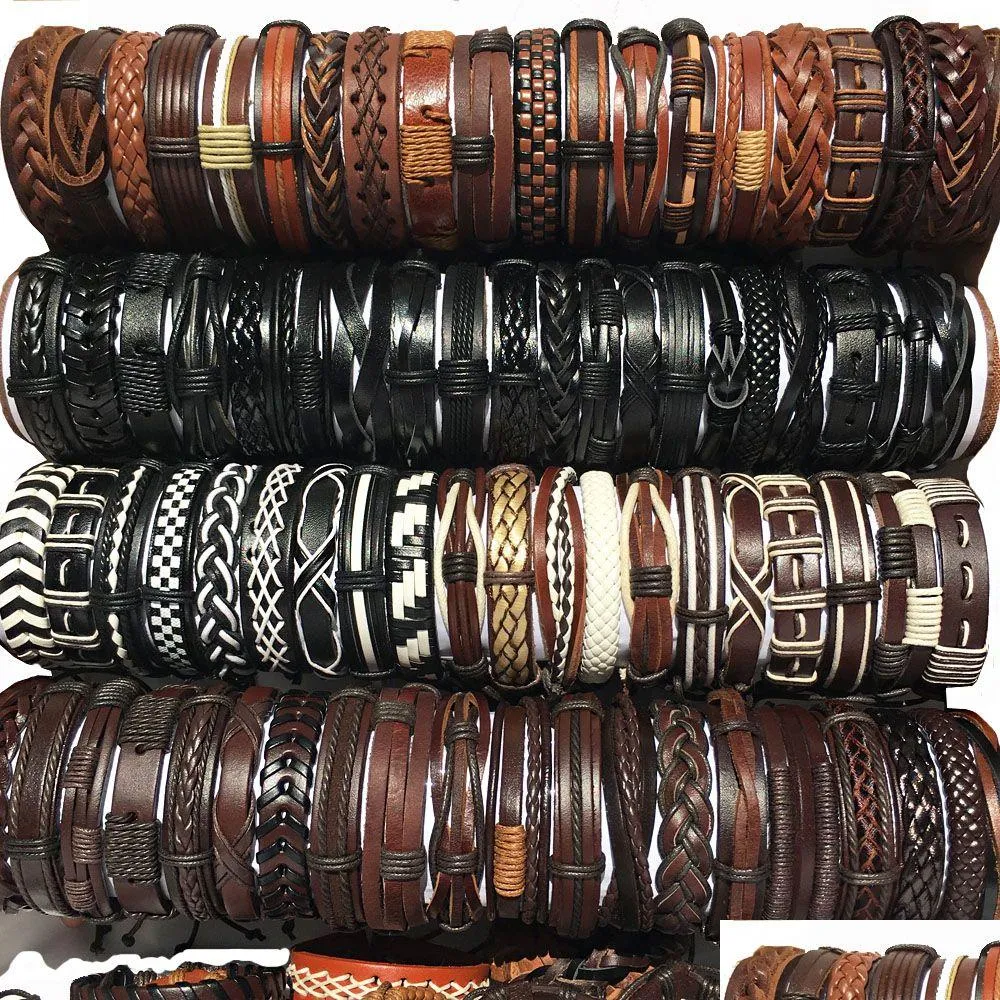 Cuff atacado 100 pçs/lote manguito pulseiras de couro artesanal genuíno moda pulseira pulseiras para homens mulheres jóias mistura cores gota deliv dhltw