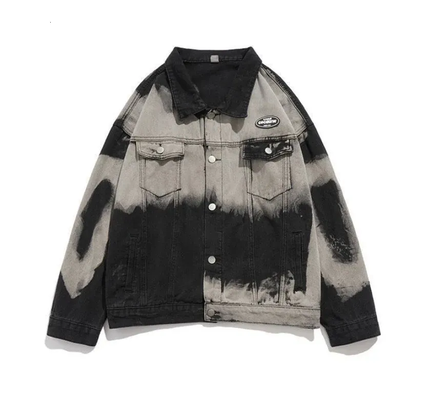 Mens Y2K Tie-Dye Denim Jacket - Retro American Streetwear