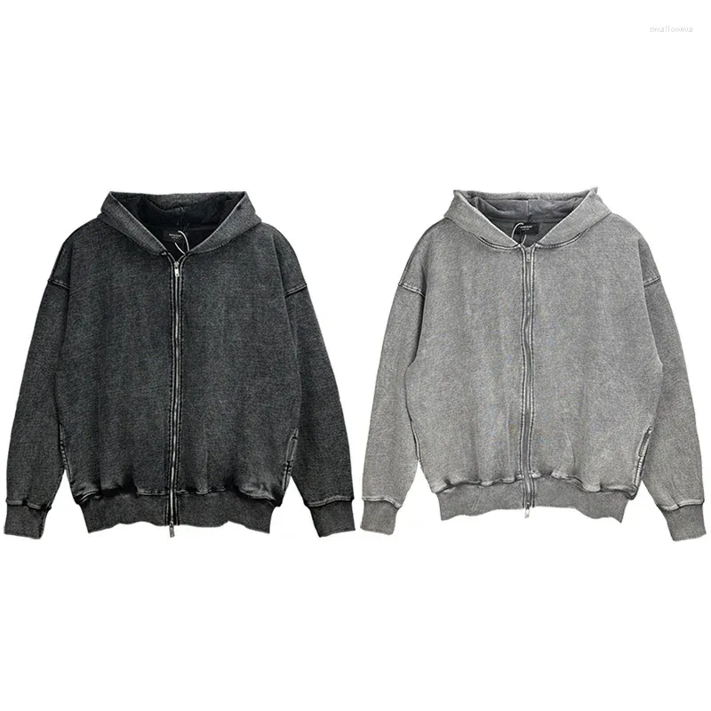 Herrtröjor Autumn Winter American Heavy Wash to Do Old Black Grey broderi Letters Hooded Zipper Hoodie Cardigan