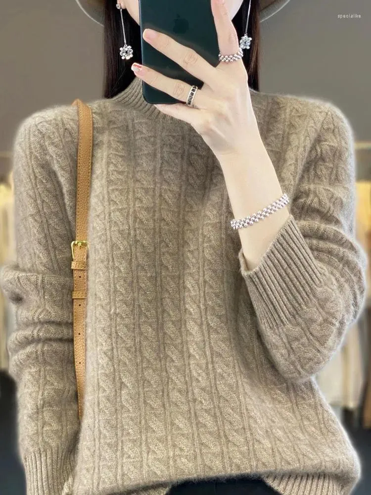 女性用セーター積み重ねられたカラーニットアンダーレイプルオーバーセーターピュアカシミア裏地付き衣服太いウール