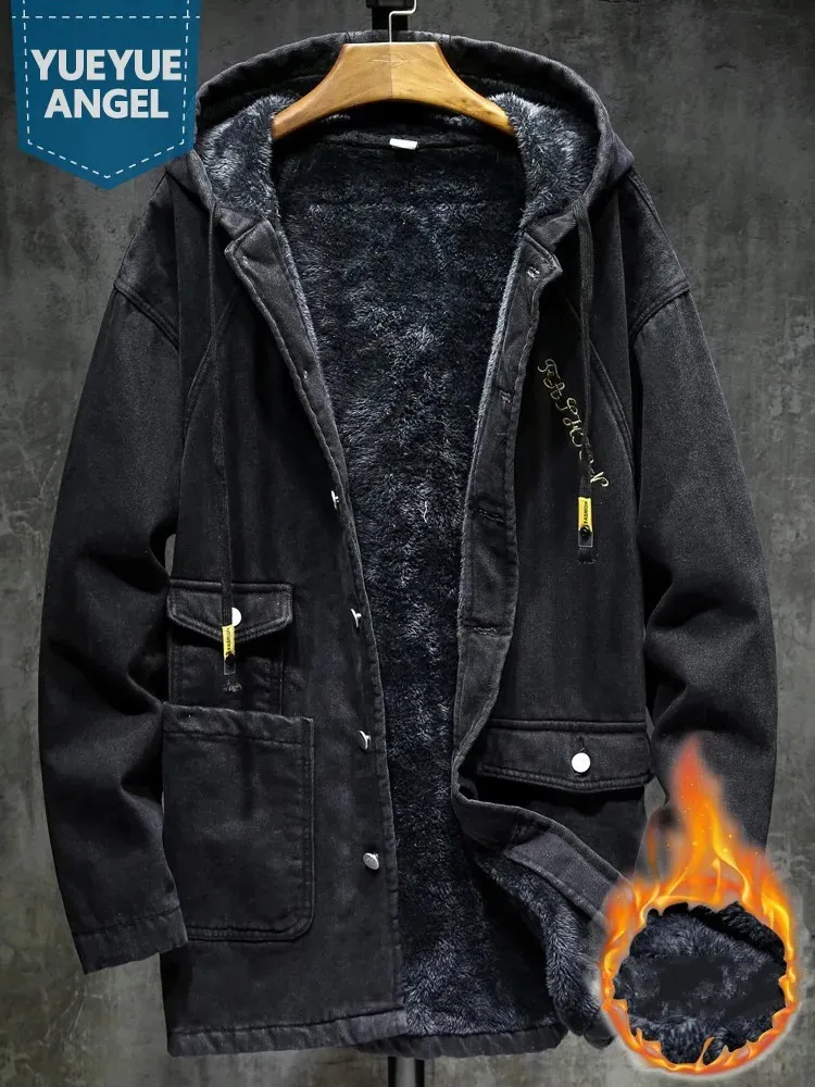 Herrjackor vinter män tjock varm faux päls foder mitten lång denim jacka huva rak cowboy kappa casual streetwear överrock stor storlek 5xl 231205