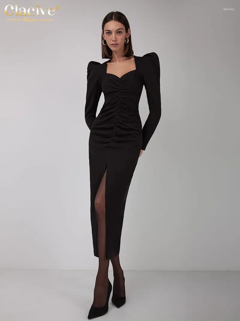 Casual Dresses Clacive Bodycon Black Ruched Dress Ladies Fashion Slim Square Collar Long Sleeve Midi Elegant Slit Party For Women