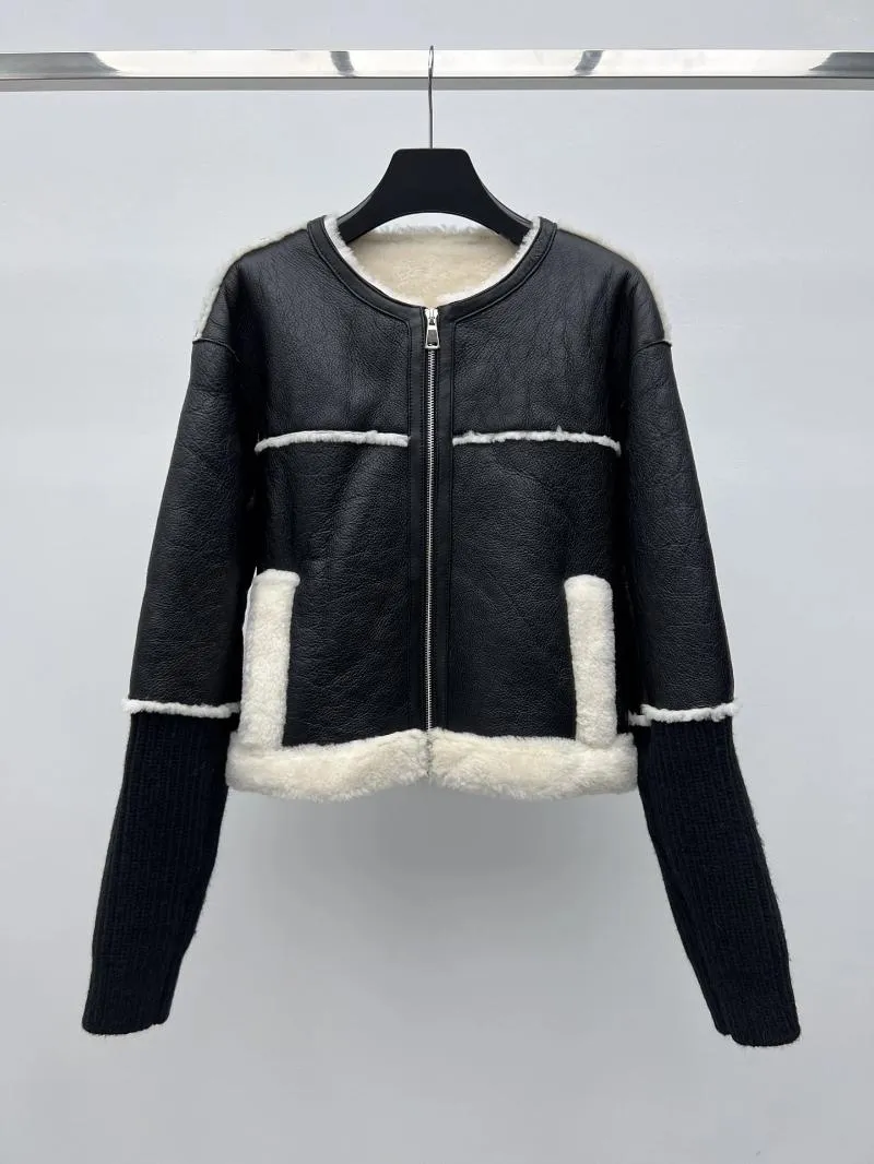 Damen Leder Patchwork Fur One Jacke Kurzversion der Casual Fashion 2024 Herbst 1117