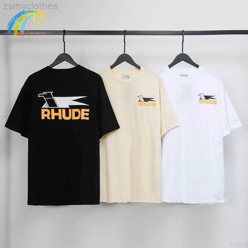 남자 tshirts tshirts 여름 봄 패션 스트리트웨어 제비 프린트 프린트 Rhude t 셔츠 남자 여자면 살구 검은 티 탑 hxa