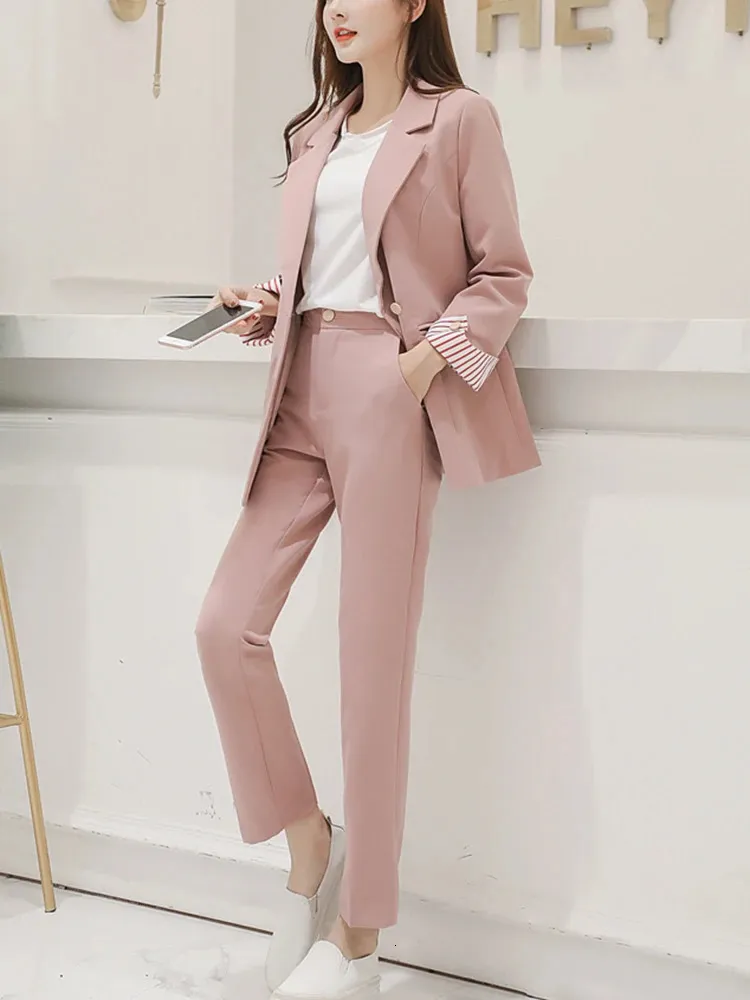 Kvinnors tvåbitar byxor ensemble 2 stycken blazer et pantalon pour femme noir bleu rose mode coreenne dame de bureau Automne Hiver Offre Speciale Nouveau 231206