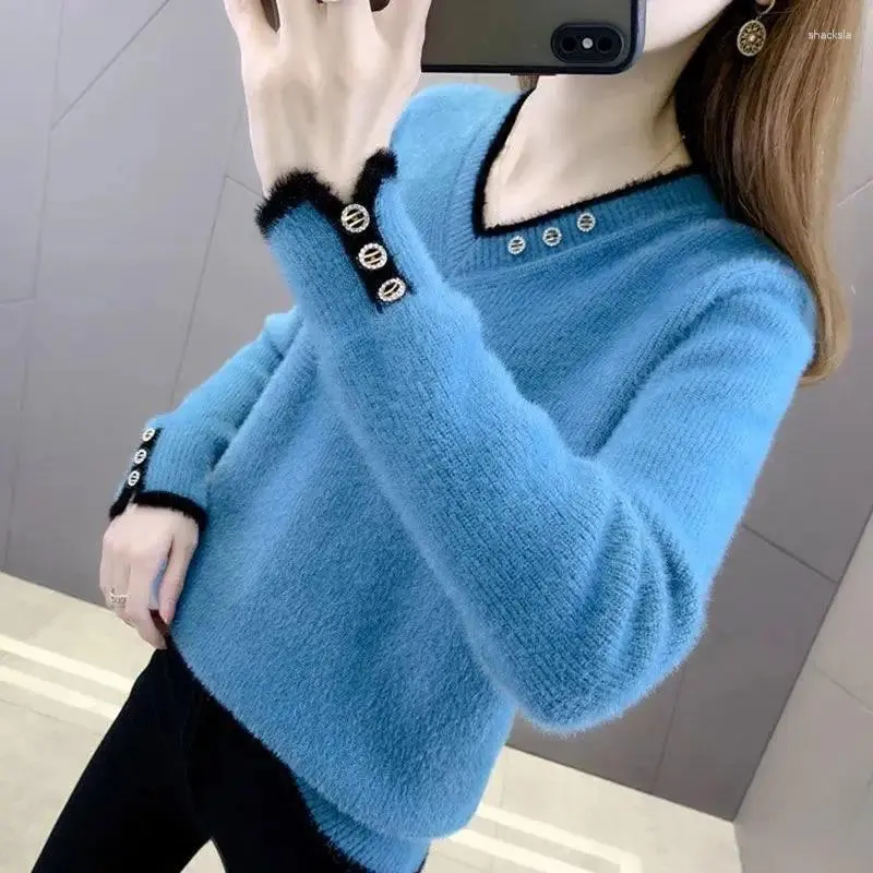 Women's Sweaters Autumn And Winter Pullover V-Neck Panel Color Matching Diamond Long Sleeve Loose Sweater SlimKnitted Bottom Fashion Tops