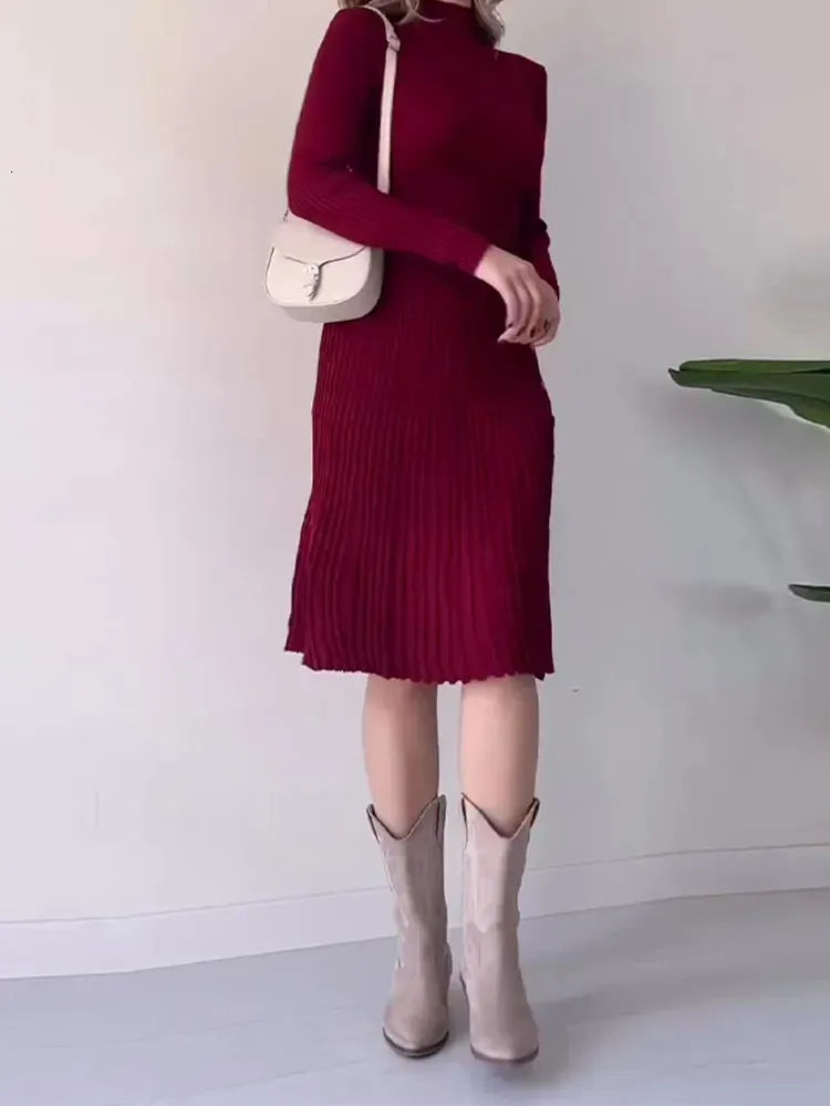 Urban Sexy Dresses Robe mi longue en tricot plisse irregulier pour femme col roule elegant pull a manches longues robe de soiree 231206