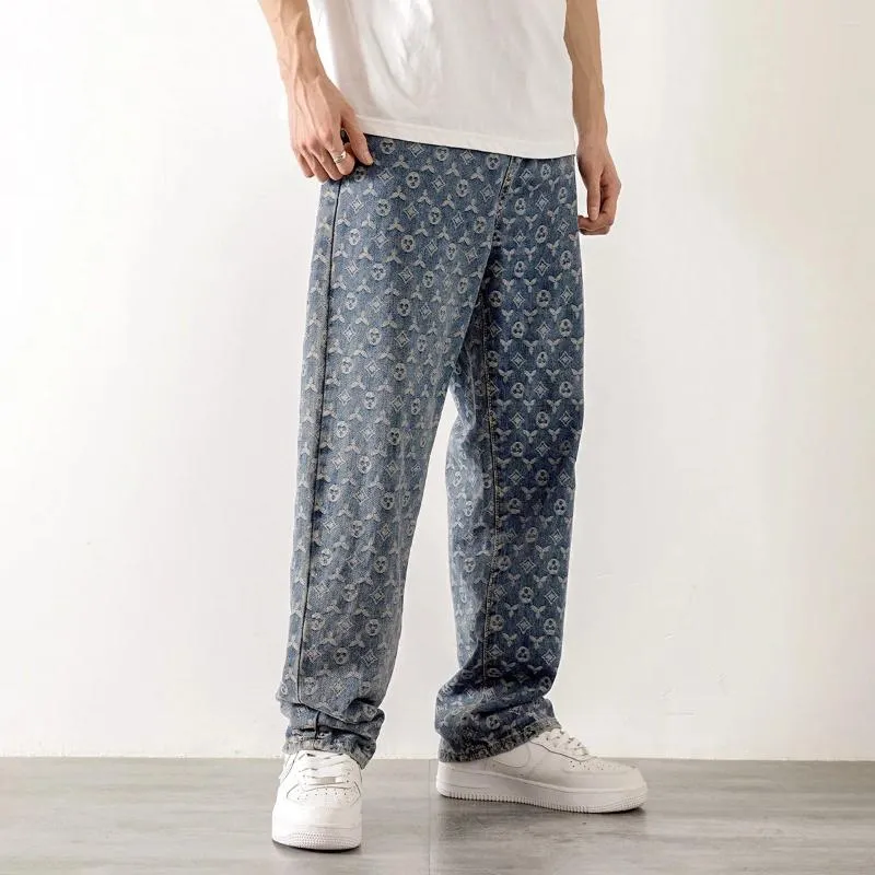 Calças de brim masculinas moda masculina perna larga carta impressão streetwear hip hop em linha reta baggy denim tendência calças masculinas marca 2023 outono