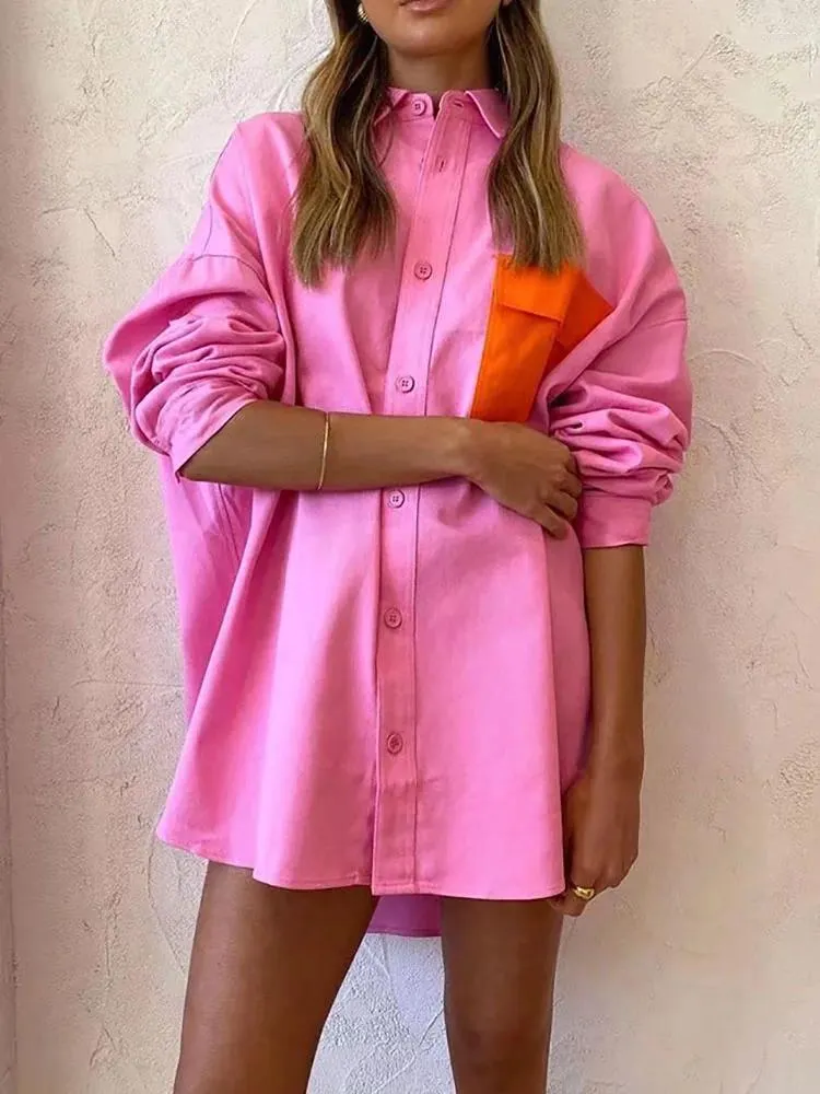 Damesblouses DYLQFS Dames Roze Contrastkleur Shirt 2023 Zomerzak Enkele rij Knop Casual Dames Lange mouw Elegante top
