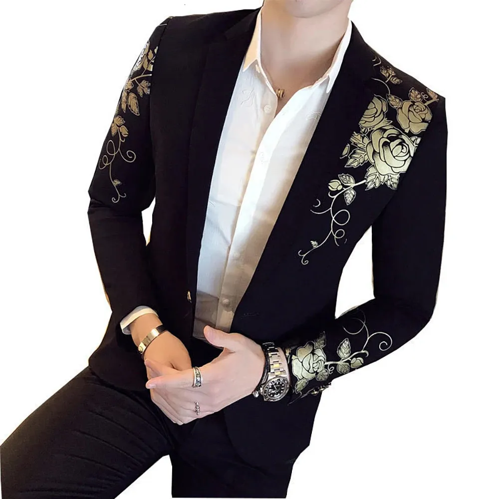 Ternos masculinos blazers luxo ouro impressão blazer fino ajuste masculino blazer palco pano festa social vestido de casamento masculino terno preto jaqueta 231206