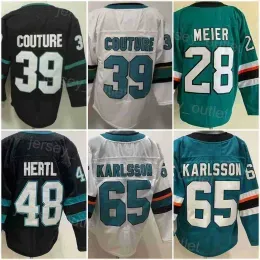 Men Blank Hockey 65 Erik Karlsson Jersey 28 Timo Meier 39 Logan Couture 48 Tomas Hertl Reverse Retro Team Black Green White Color All