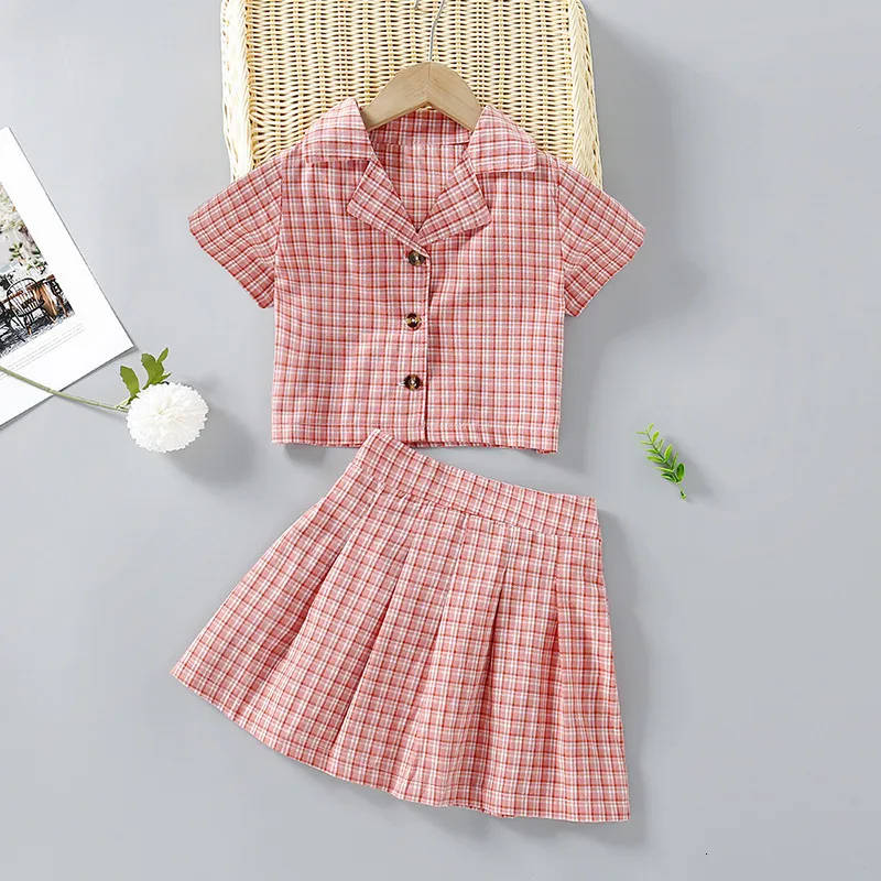 Mode Enfant Filles Vêtements Ensemble Plaid À Manches Courtes Chemise Jupe 2 Pièces Été Enfants Tenues Mignon Petits Enfants Vêtements 210715