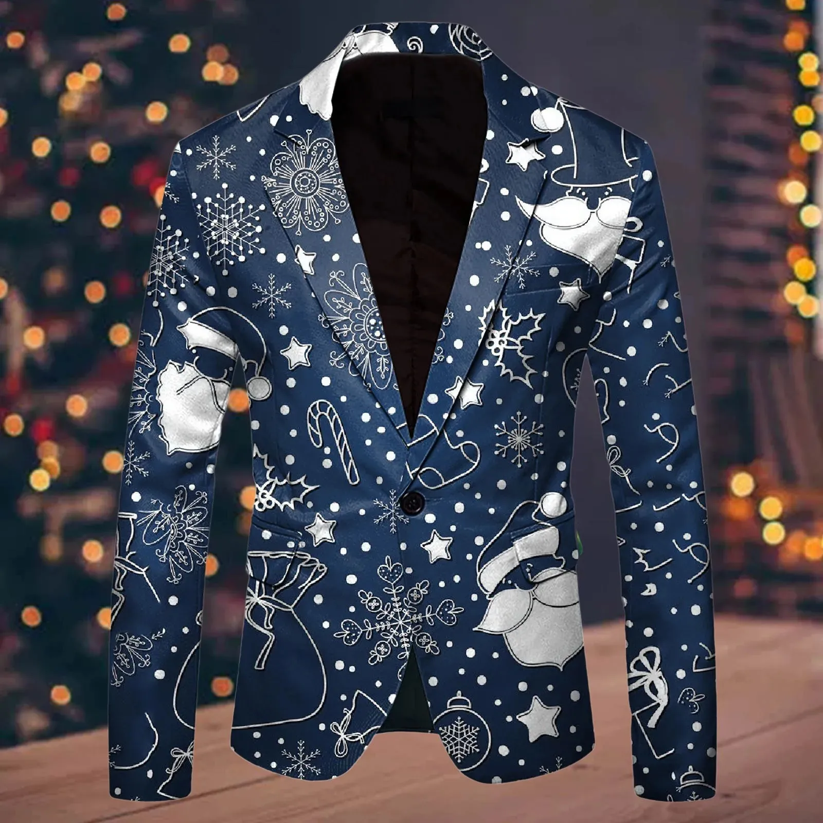 Męskie garnitury Blazers Men Suit Blazer Christmas Snowflake Święty Mikołaj Pocket Lap Button Kurtka mody dżentelmen ubrania 231206