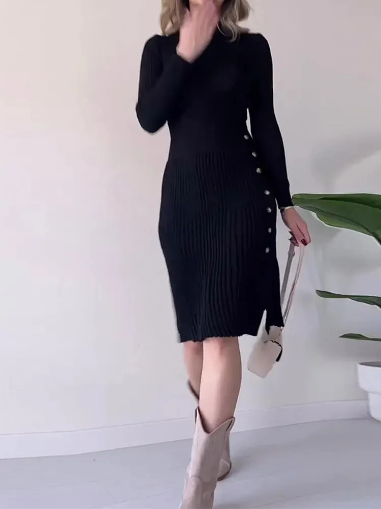 Urban Sexy Dresses Robe mi longue en tricot plisse irregulier pour femme col roule elegant pull a manches longues robe de soiree 231206