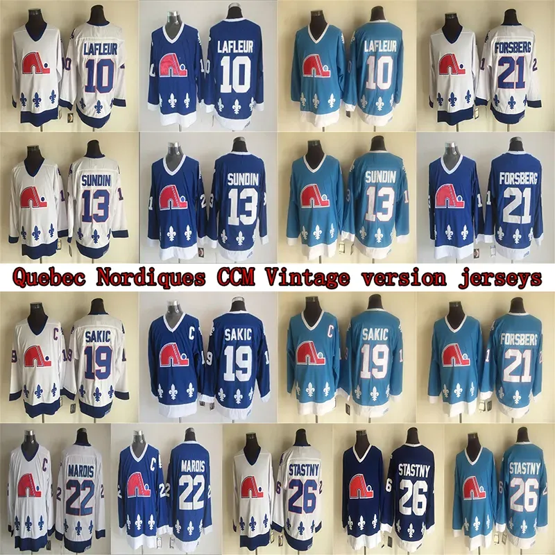 Top Stitchquebec Nordiques CCM Maillot vintage 19 SAKIC 10 LAFLEUR 13 SUNDIN 26 STASTNY 22 MAROIS 21 FORSBERG Maillots de hockey S s