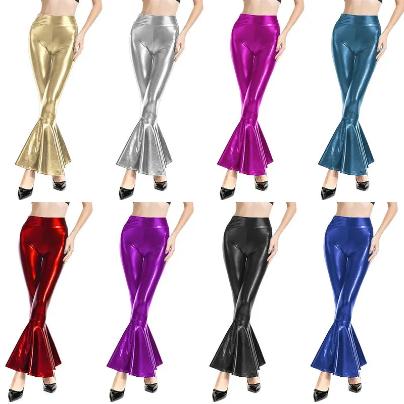 Kvinnors tvåbitar byxor pantalon sexig en cuir pu metallise brillant evase clubwear performance sur scen femmes moulant taille elastique cloche 231206