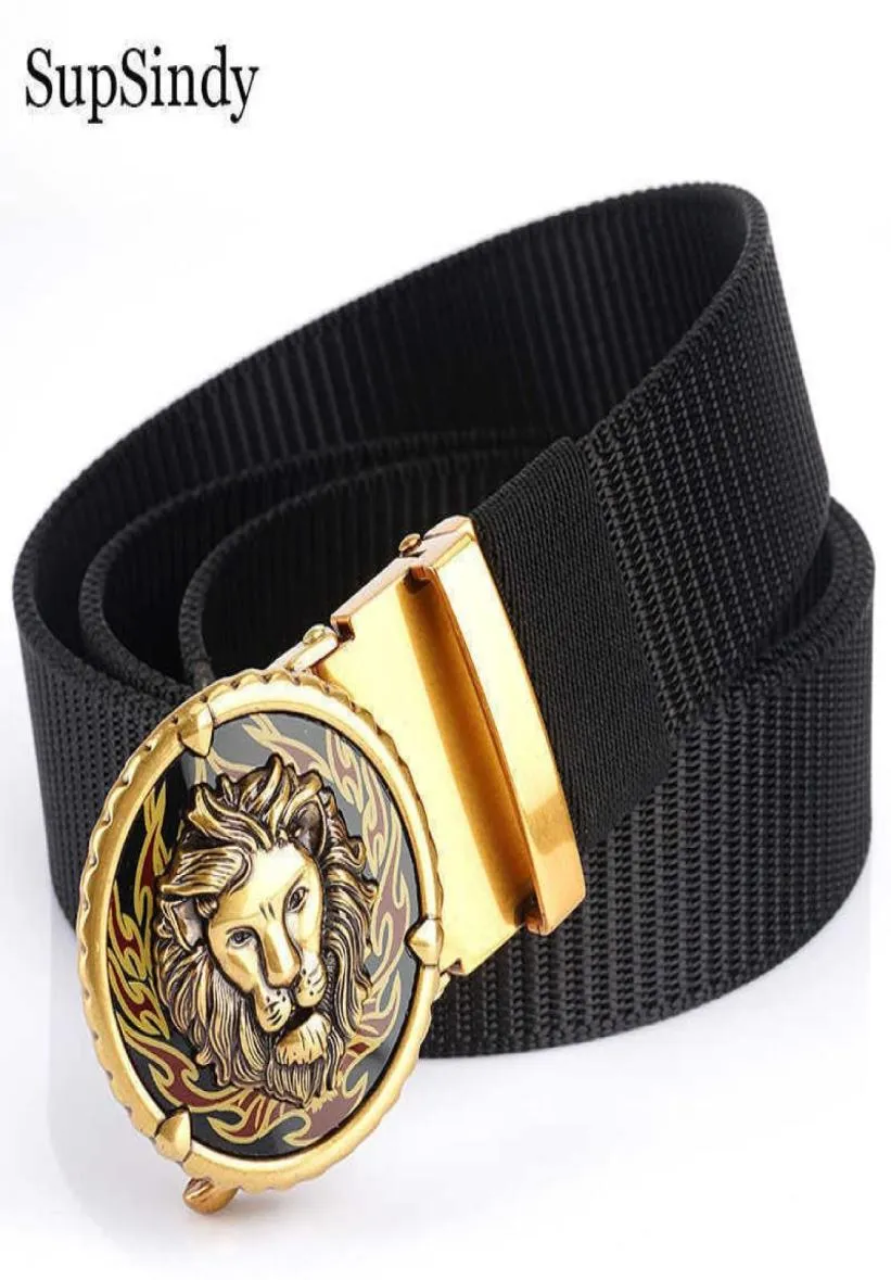 SupSindy Man039s cintura in nylon lusso oro Lions fibbia automatica in metallo Cinture di tela per uomo moda jeans Cintura nero maschio st2308843083