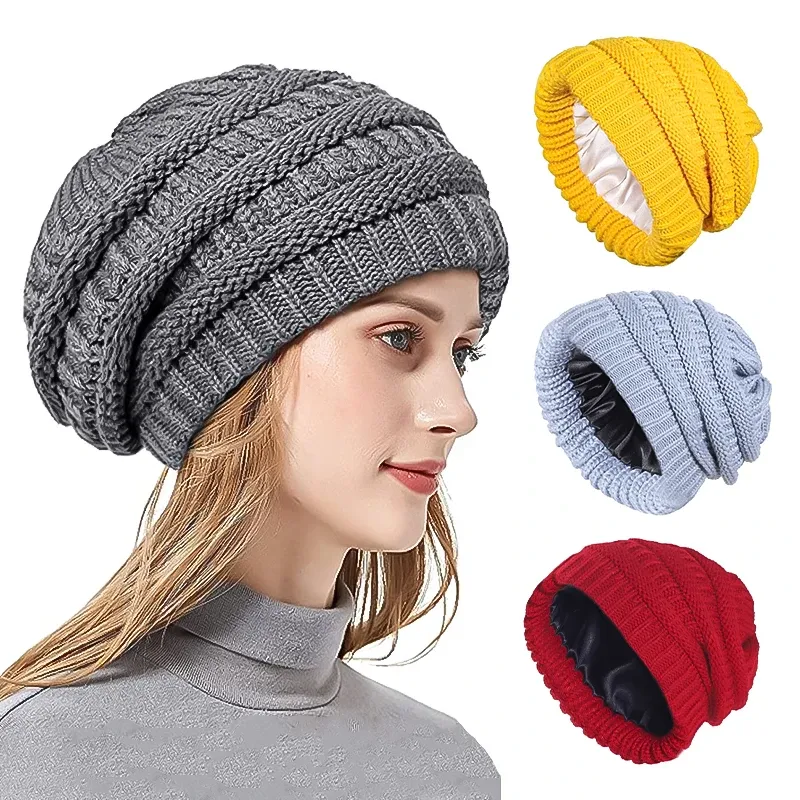 Mode Winter Beanie Caps Gestreepte gebreide mutsen Effen kleur Zijden voering Dikke dikke muts Zachte slouchy warme satijnen gevoerde hoed Skimuts