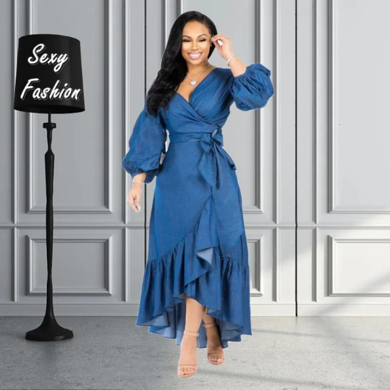 Elegant Urban Asymmetrical Maxi Dress for Women - S2xl Long Sleeve Denim Irregular Casual Solid Color - Perfect for Parties and Wholesale Dropshipping