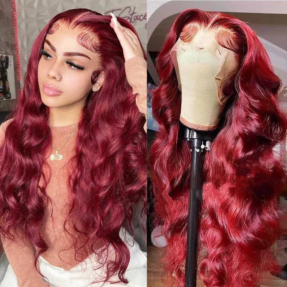 Perruque Lace Frontal Wig naturelle Body Wave bordeaux 99j, 30 pouces, perruque colorée sans colle rouge pour femmes, perruque Lace Frontal Hd rouge