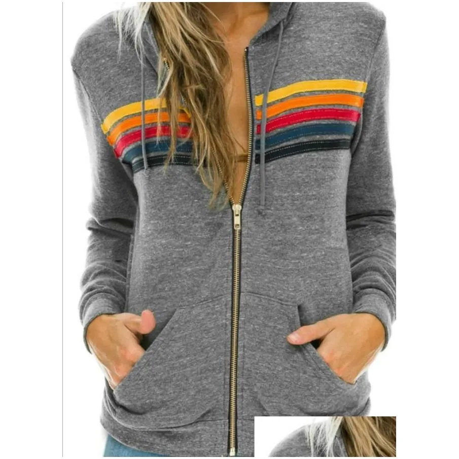 Women`S Two Piece Pants Womens Two Piece Pants Designer Hoodie Oversized Rainbow Stripe Long Sleeve Sweatshirt Zipper Pocket Coat Hood Dhxfp