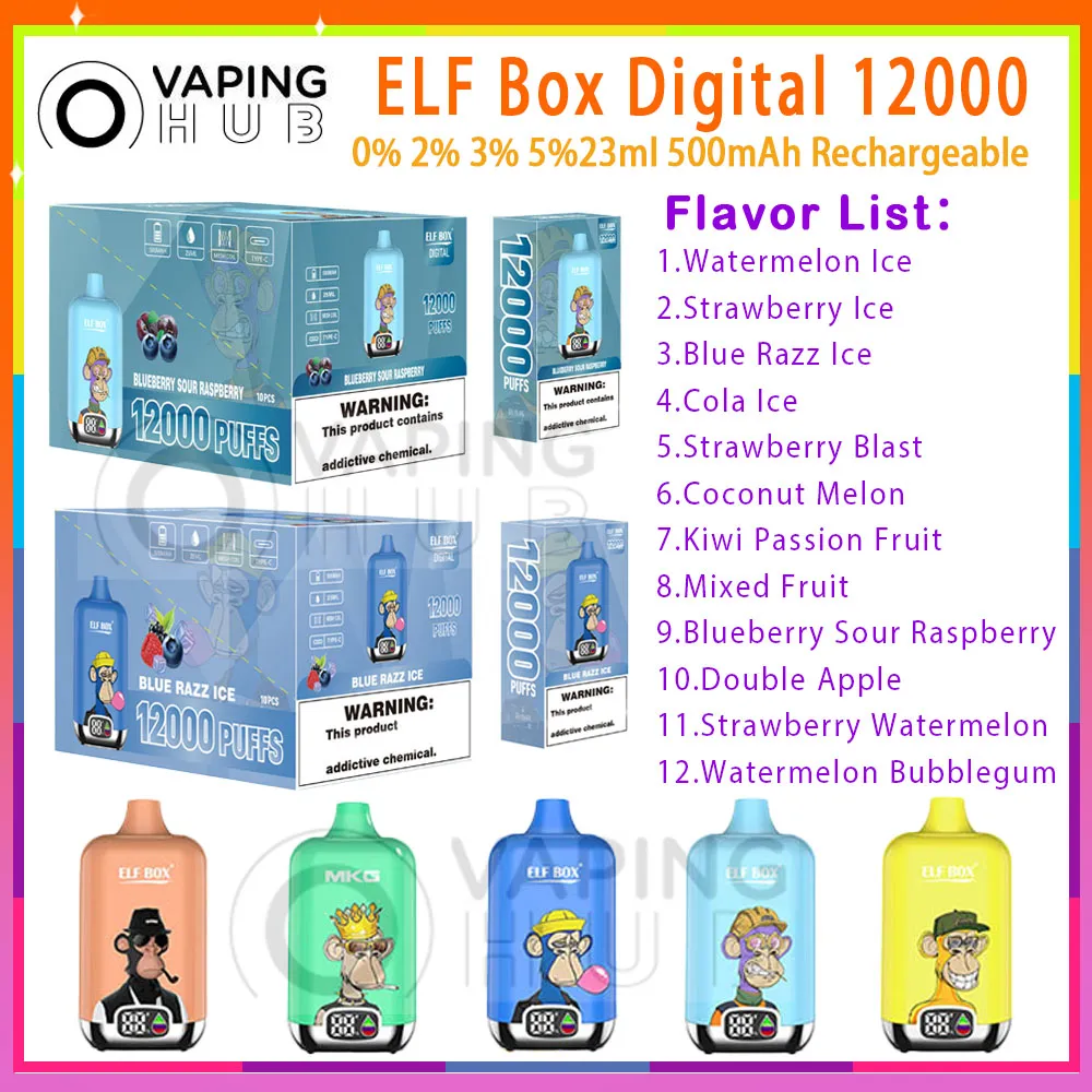 Original ELF BOX Digital 12000 Puff Jetable E Cigarettes 23ml Pod Mesh Coil 500mAh Batterie Rechargeable Électronique Cigs Puffs 12K 0% 2% 3% 5% Vape Bar Kit
