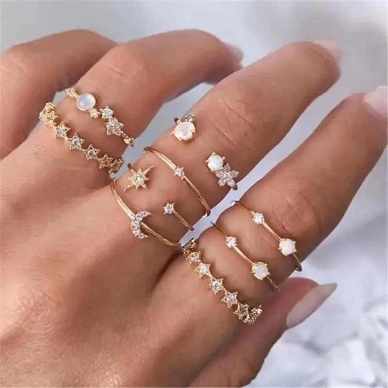 Bagues de cluster Boho Classique Vintage Mode Or Couleur Cristal Lune Étoiles Soleil Fleur Ensemble Bague Pour Femmes À La Mode Personnalité Bijoux De Fête