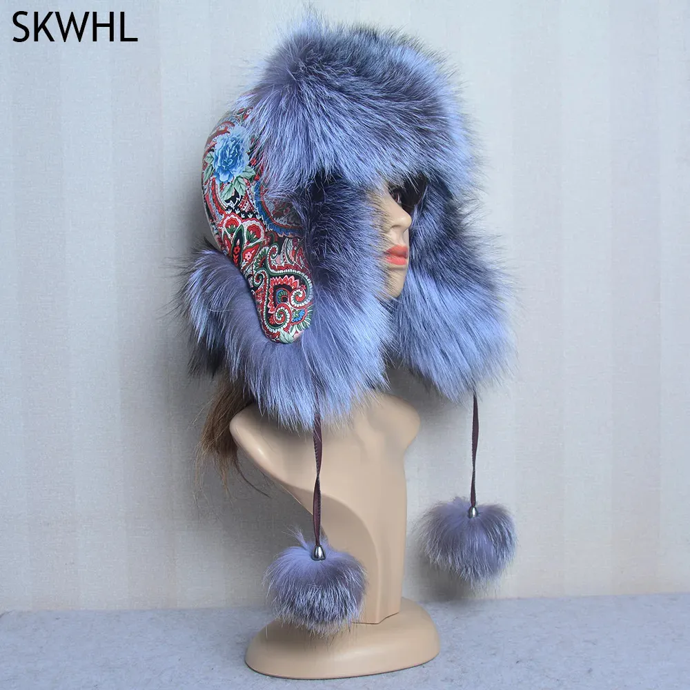 Beanieskull Caps Winter Fur Hat For Women Hat With Ear Real Fur Caps Russian Women Bomber Hats Bonnets Trapper Cap Camo Hat Wholesale 231205