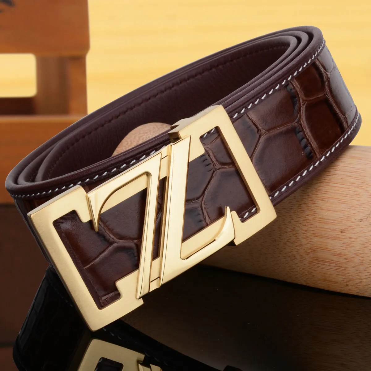Designer belt, men's leather, high-end crocodile pattern, top layer, cowhide, casual and smooth buckle, wearing Z-shaped belt, men's business belt