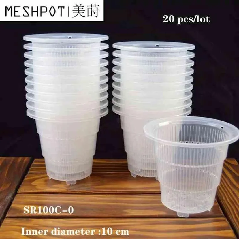 20 pçs / lote Meshpot 10cm Clear Plastic Orchid Cactus Pots Plantador Suculento com Buracos Função de Poda de Ar Slots de Crescimento de Raiz 2104299x