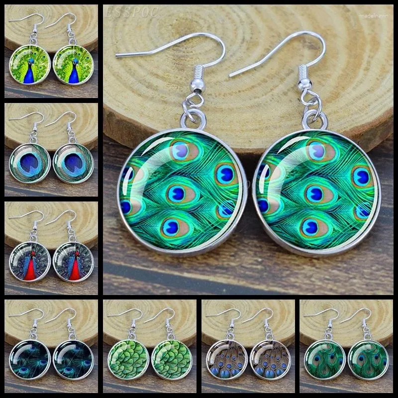 Stud Earrings Peacock Feather Pattern Dangle Earring Pendant Glass Cabochon Drop For Women Ear Hook Bohemian Jewelry