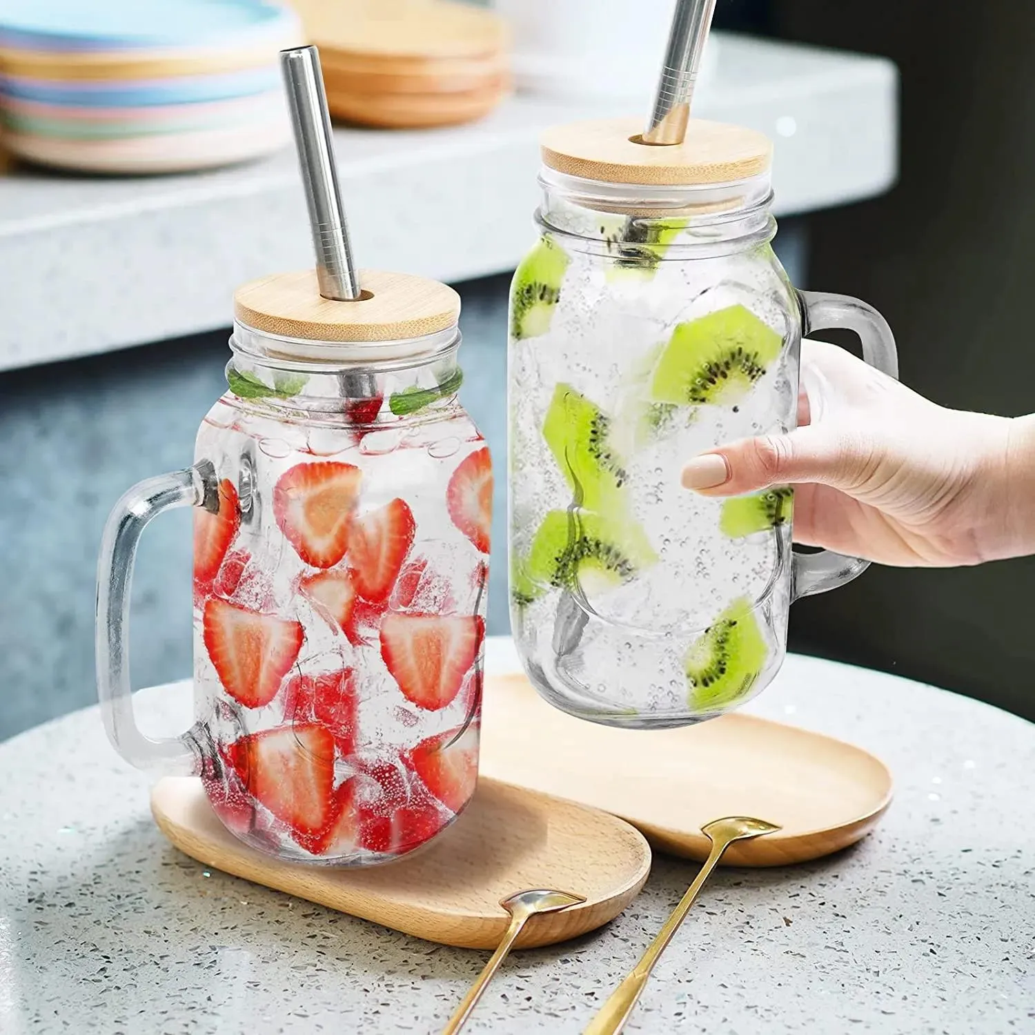 Reusable Glass Mug Mason Jar Cups with Bamboo Lids and Stainless Steel Straws 24 OZ Fruit Bottle Handle