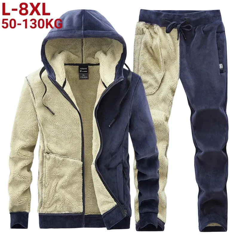 Tute da uomo Tuta invernale da uomo Spessa calda in pile di lana di agnello Taglie forti Con cappuccio Set da 2 pezzi Giacca Pantaloni Abbigliamento sportivo Tute casual 8XL 231206