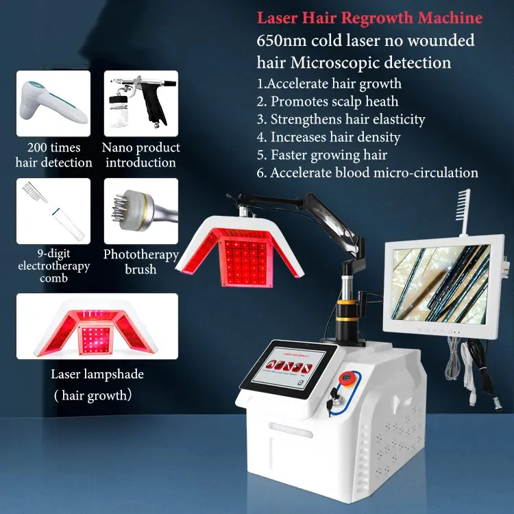 Sistema de detecção de tratamento do couro cabeludo, máquina de crescimento de cabelo a laser 650nm com pente de alta frequência, máquina de análise de cabelo