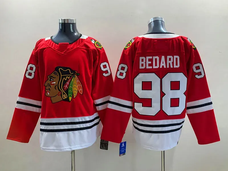 Het Sale Men Youth Blackhawks 98 Connor Bedard Hockey Jersey Chicago Red White 100% Stitched Size S-XXXL