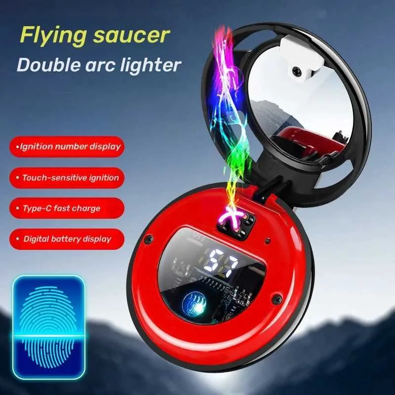 Kreativ UFO laddar lättare vindtät dubbelbåge metall typ-c Touch avkänning tändare personlig gåva