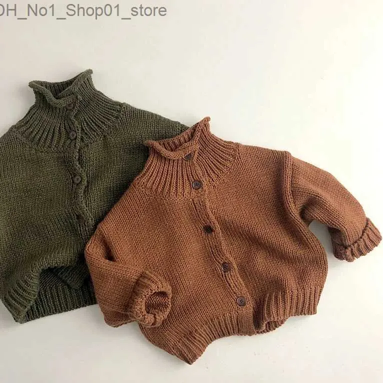 Cardigan Autumn Winter Thick-Needle Twist tröja Barn Turtleneck tröja Kids Girls 1-6y Cardigan Baby Korean Warm Solid Sweaters Q231206