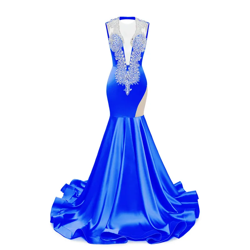 Königsblaue Meerjungfrau-Abschlussballkleider, sexy, transparenter V-Ausschnitt, Perlen, Kristalle, Rüschen, lange Abendkleider, Cutaway-Seiten, Damen-Anlasskleid BM3502