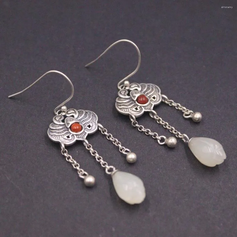 Boucles d'oreilles pendantes en argent Sterling S925 véritable pour femmes, Jade Hetian, goutte de pluie, serrure de longévité, Style ethnique, longueur 2 pouces