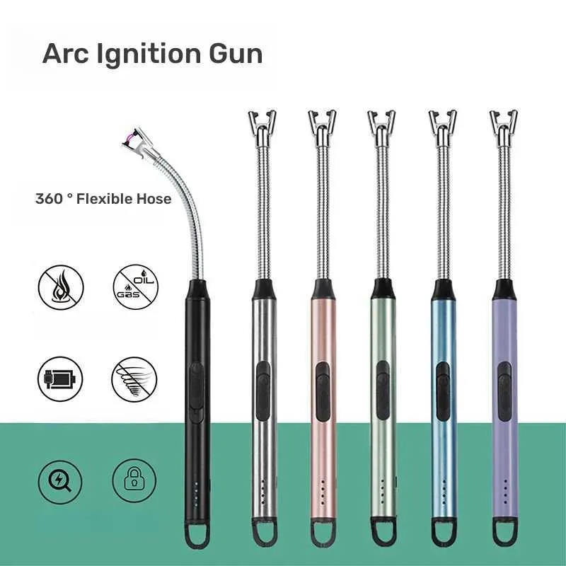 Accenditore ad arco con tubo metallico curvo esteso a 360 ° Display del livello della batteria Carica pistola di accensione Accendino senza fiamma a impulsi al plasma