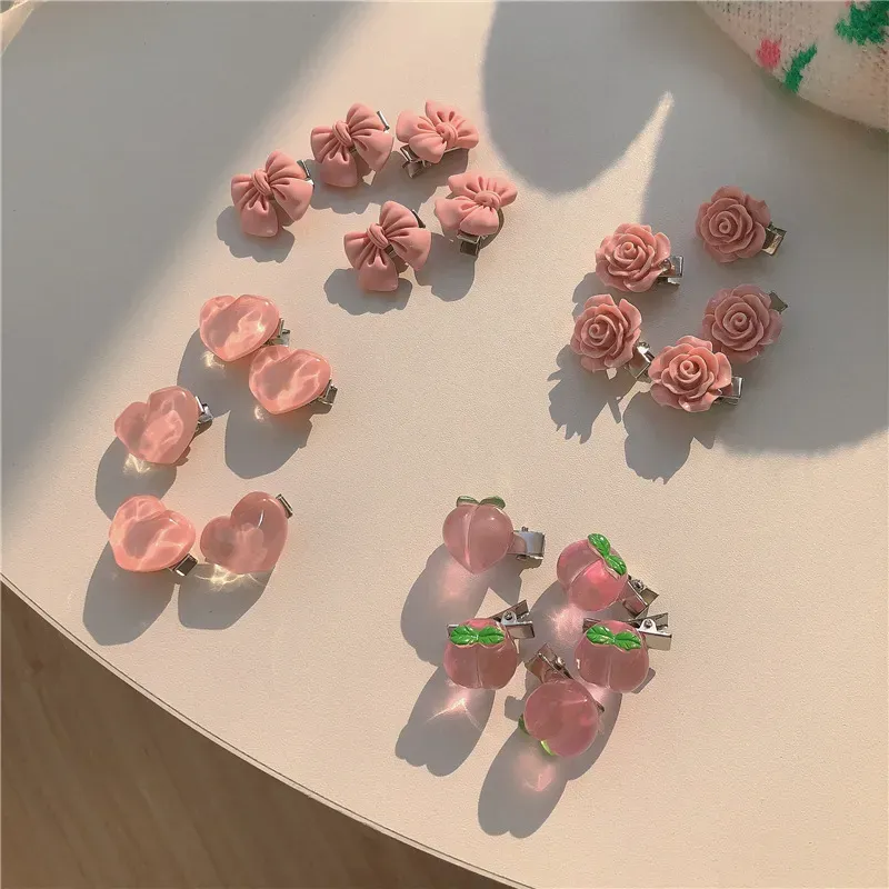 Super sweet pink hairpin series! Girl bow peach camellia flower peach heart edge clip hair ornament headdress