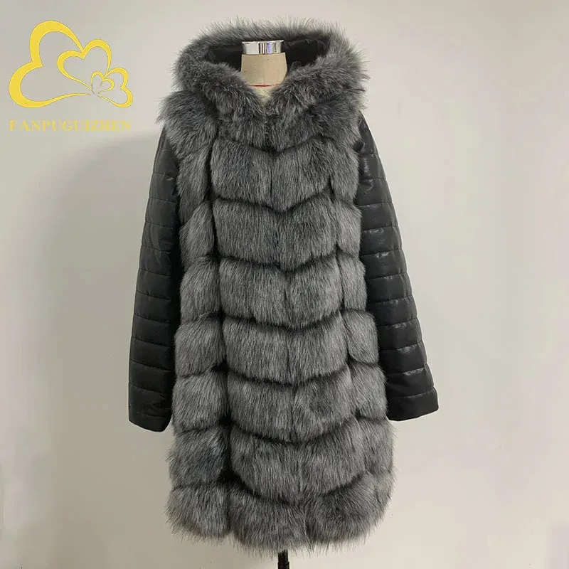 Женское пальто из искусственного меха FANPUGUIZHEN, зимнее толстое теплое пальто с планкой на молнии, женская съемная куртка больших размеров с длинными рукавами и капюшоном 231205