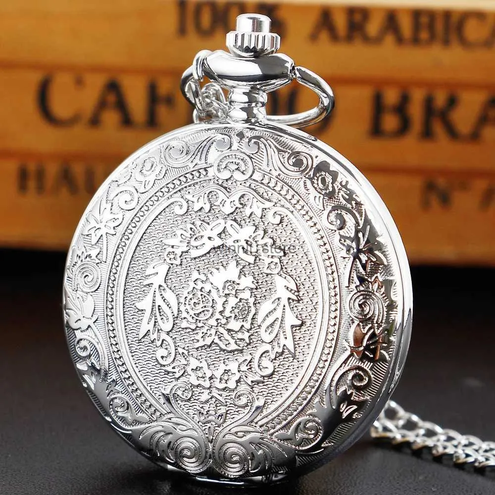 Pocket Watches Luxury Silver Quartz Pocket Watch Fashion Halsband Pendant Chain Jewelry Gift Steampunk Clock för män Womenl231120