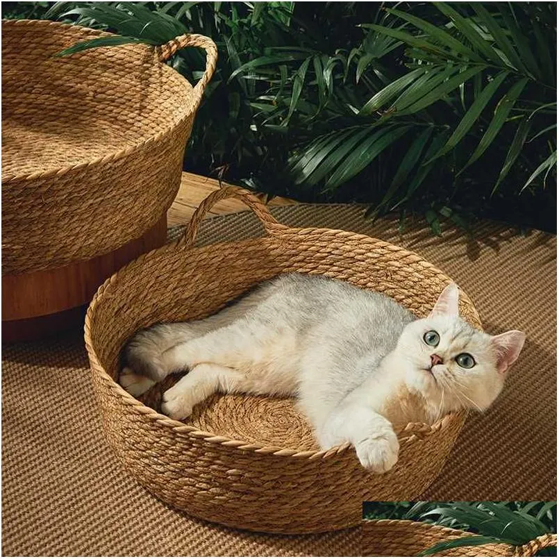 Portadores de gatos caixas casas transportadoras pet cama maca mão tecido rattan esteira redonda verão fresco cesta ninho slee pequeno gatinho gota deli dhavi