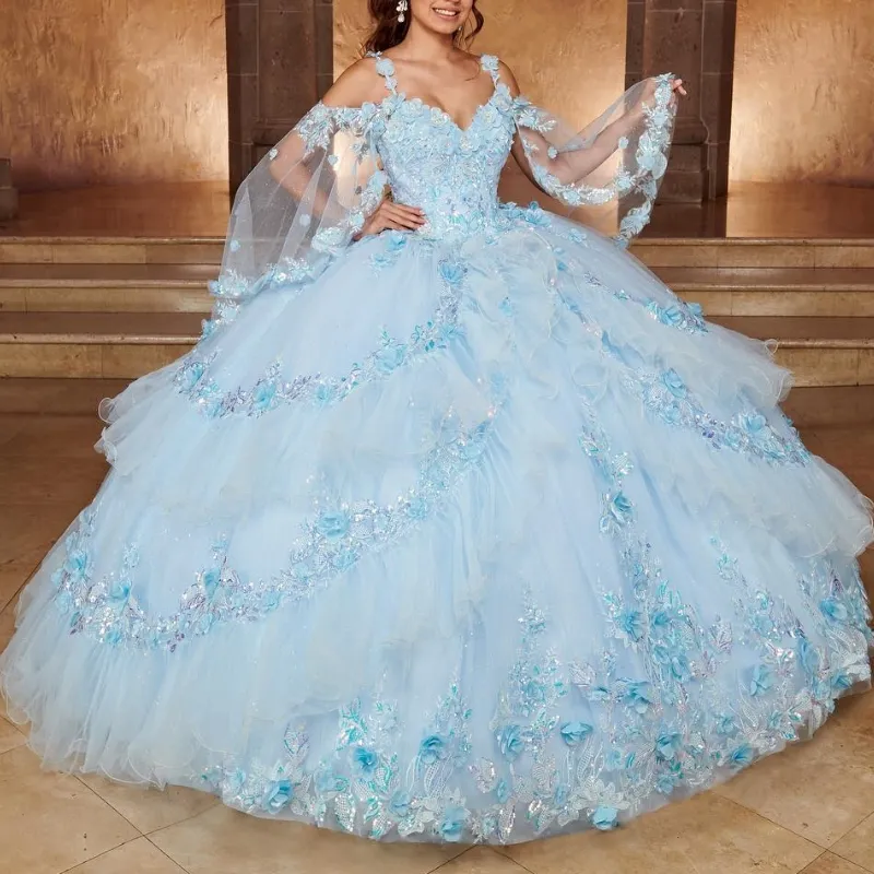 Sky Mavi Parlak Prenses Quinceanera Elbise Dantel Aplike Çiçek Cape Mexico ile Boncuklu Tatlı 16 Vestidos De XV 15 Anos