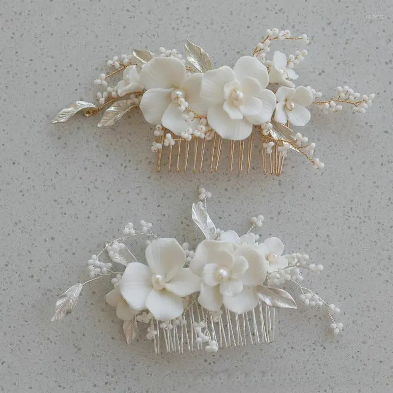 Hair Clips Handmade White Ceramic Flower Comb For Bridal Exquisite Gold Color Leaf Pearl Wedding Tiara Accessories Prom Jewelry