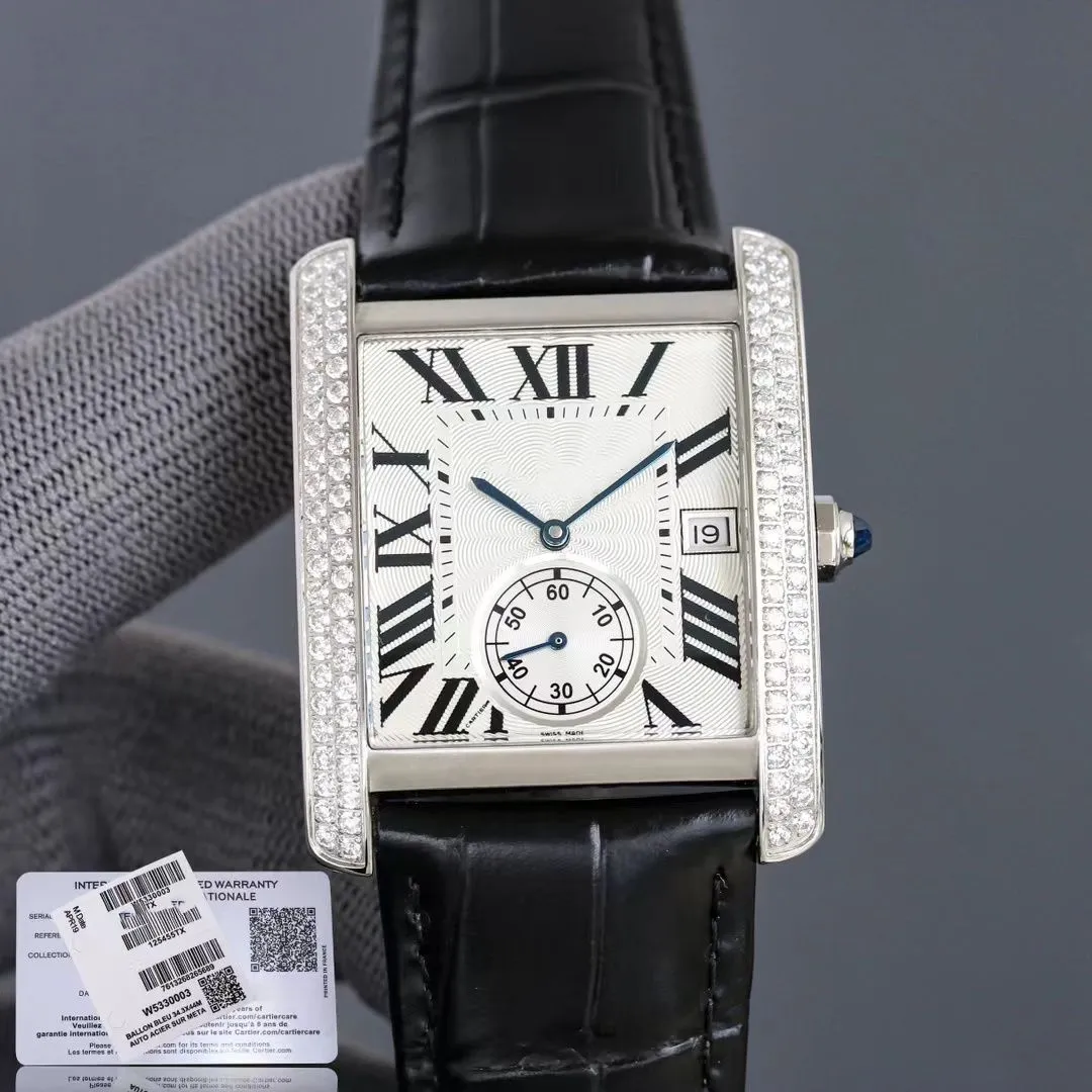 Den högsta kvaliteten Ultra-Thin Men's Diamond Watch Tank Stor storlek Vattentät 250 m dubbelsidig safir Importerad Cowhine Strap Automatisk 1904mc-rörelse