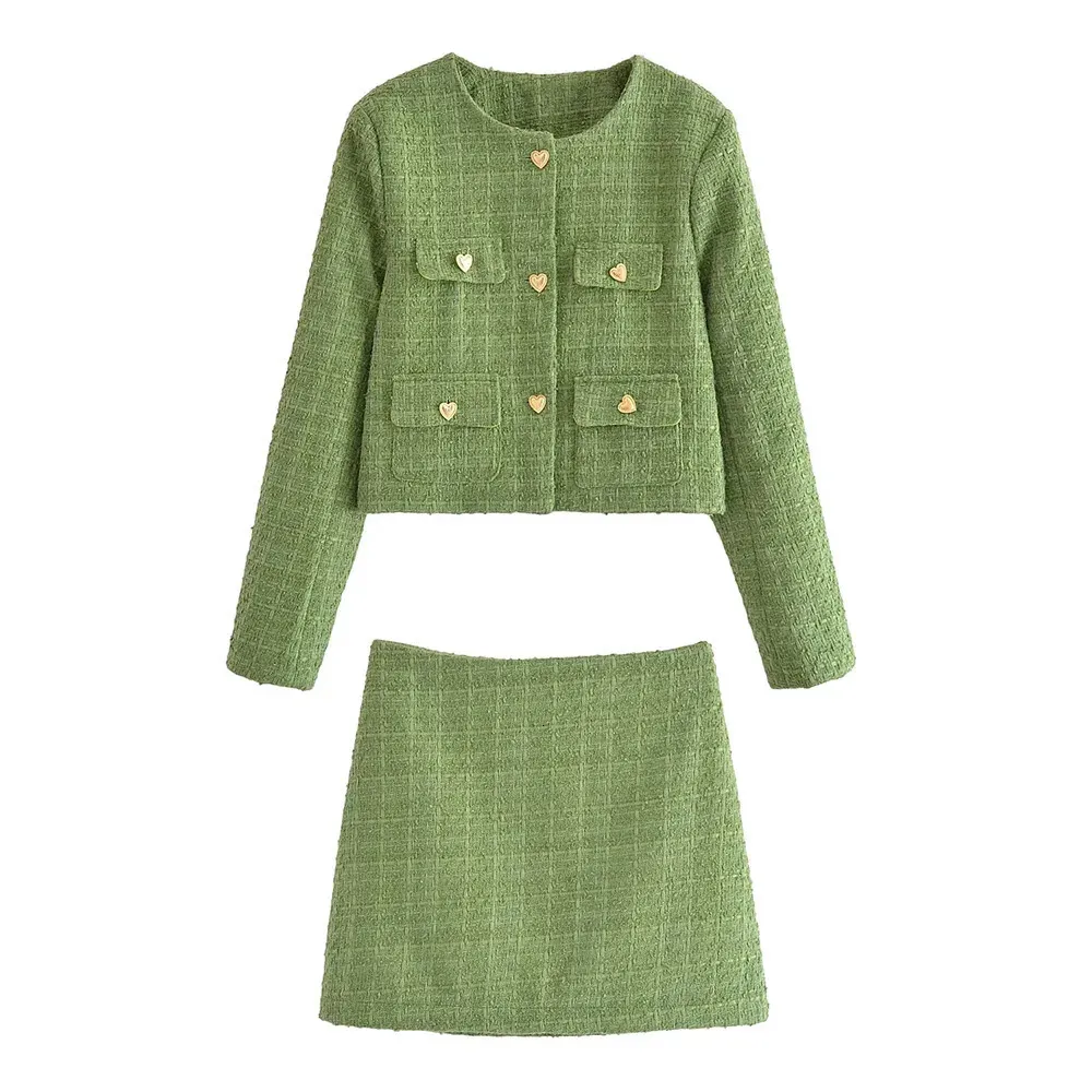 Elegant Tweed Skirt Suit - Womens Cropped Jacket & High