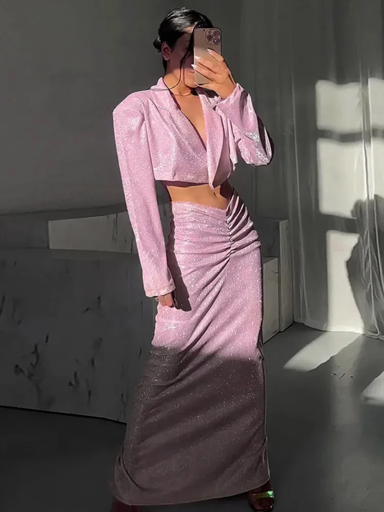 Two Piece Dress Robe Longue Plissee Rose Brillante Pour Femme